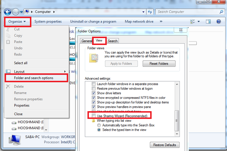 تنظیمات Folder Options در شبکه کامپیوتری