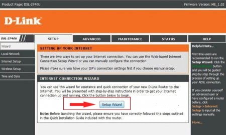 انتخاب setup wizard برای تنظیم مودم