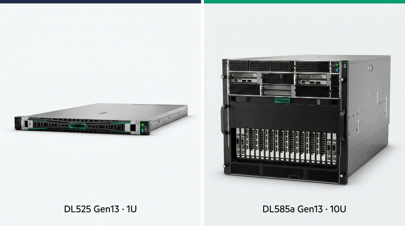 مقایسه ظاهر و ابعاد شاسی سرورهای HPE DL525 Gen13 و DL585a Gen13