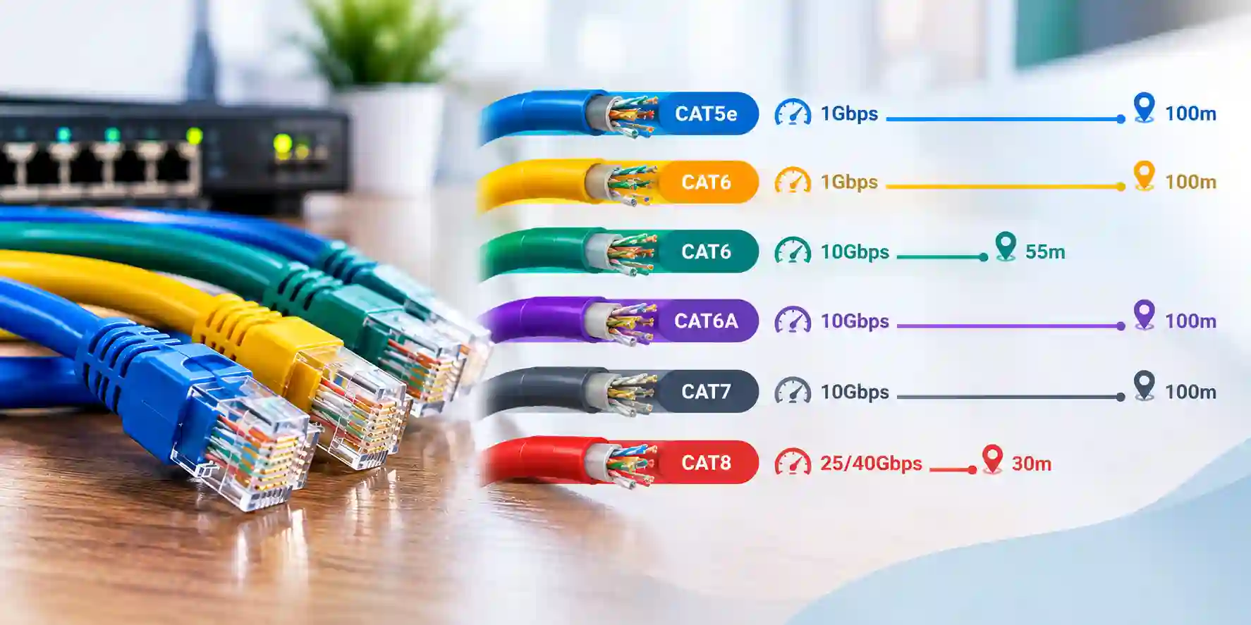 مقایسه حداکثر طول کابل شبکه CAT5e، CAT6 و CAT6A بر اساس سرعت انتقال داده
