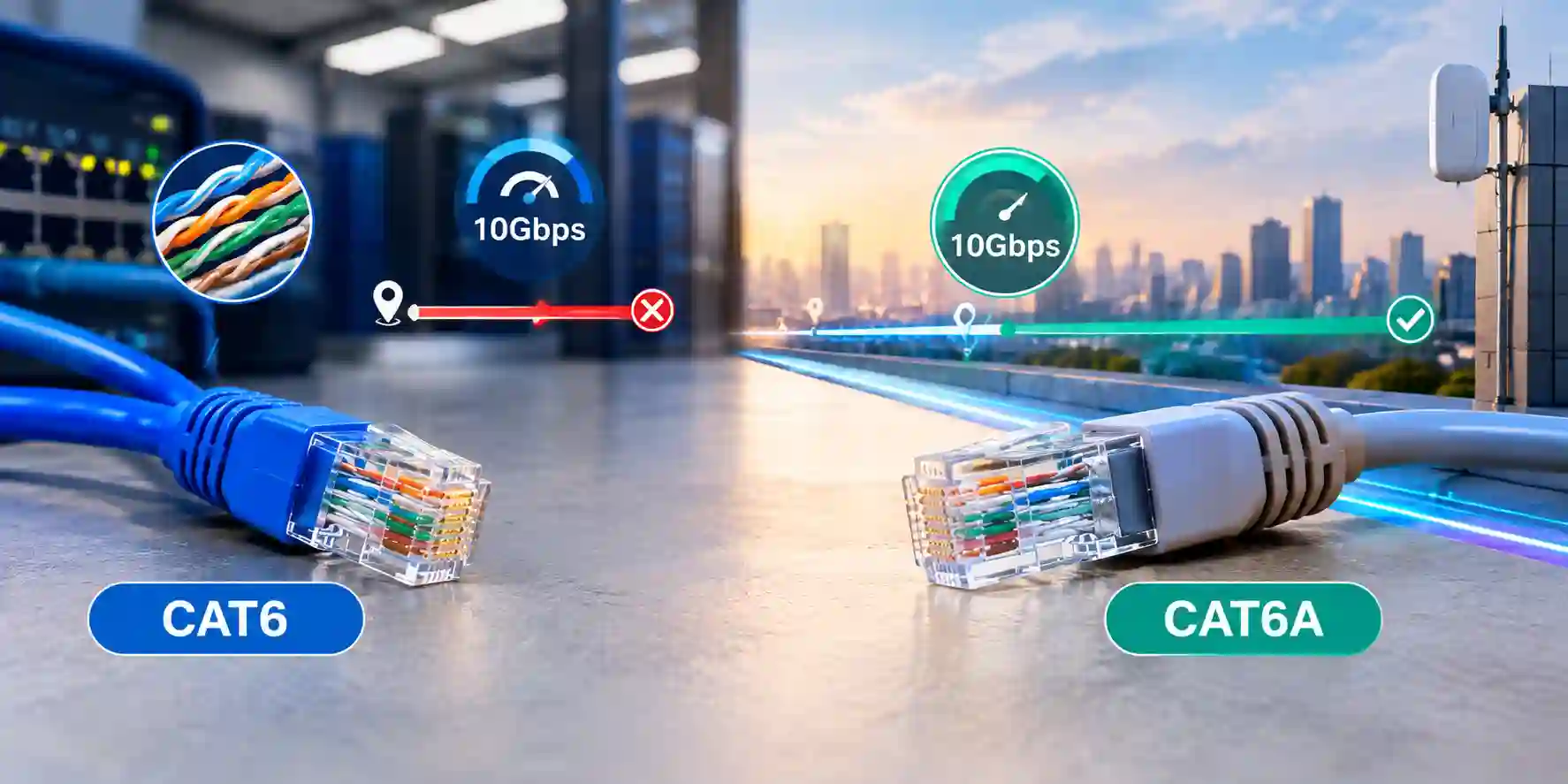 مقایسه کابل شبکه CAT6 و CAT6A از نظر حداکثر طول انتقال داده با سرعت 10Gbps