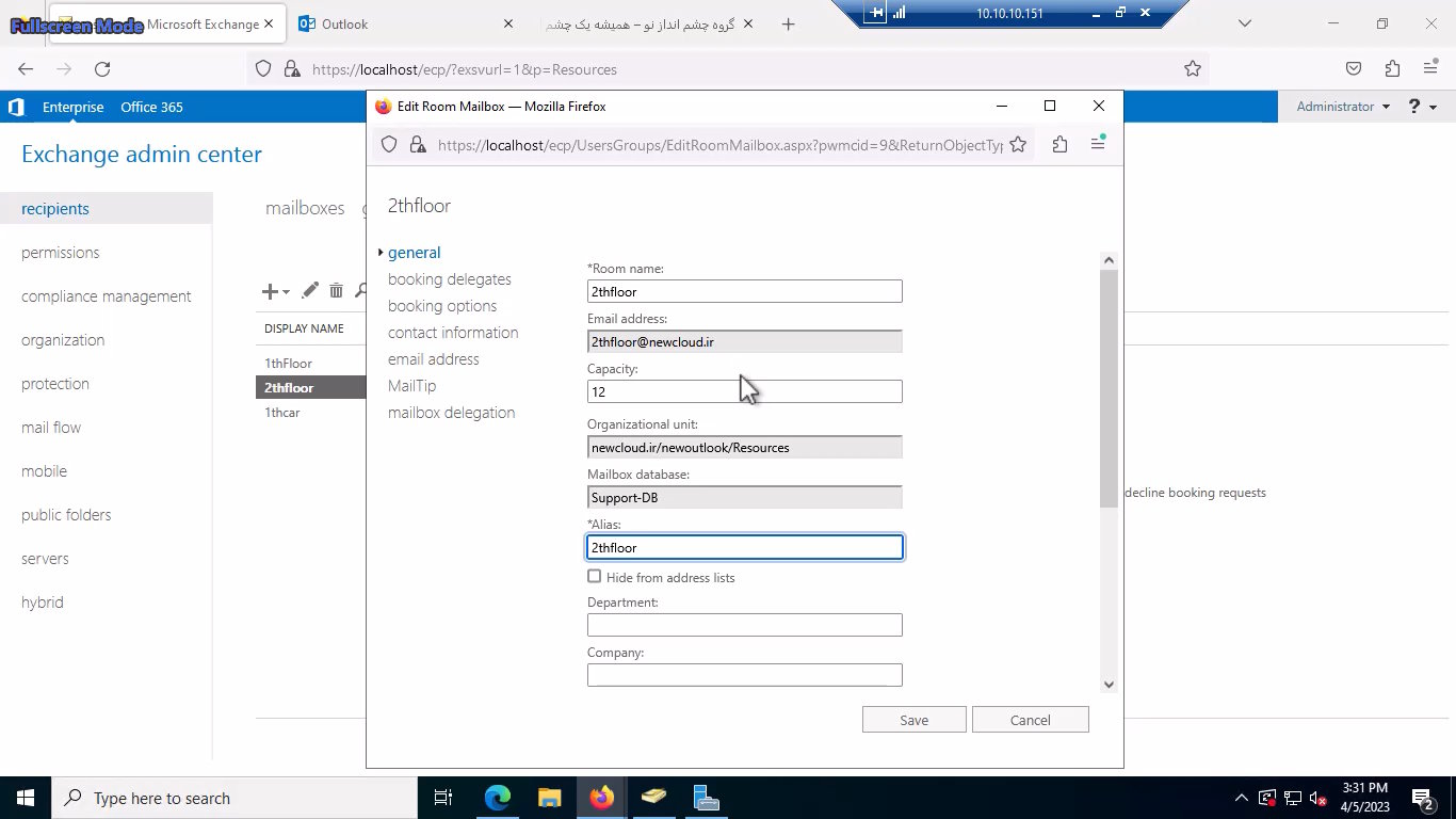 Resource Mailbox exchange server 2019