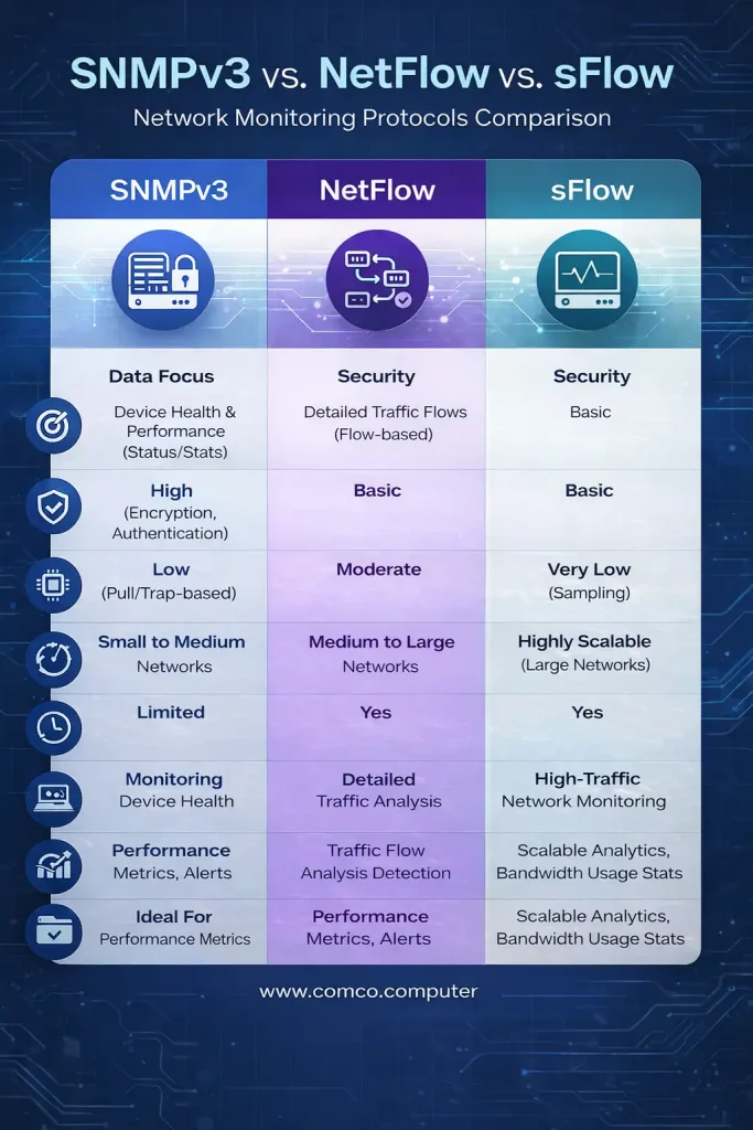 SNMPv3 در مقابل NetFlow و sFlow: کدام پروتکل مانیتورینگ برای شبکه شما مناسب است؟