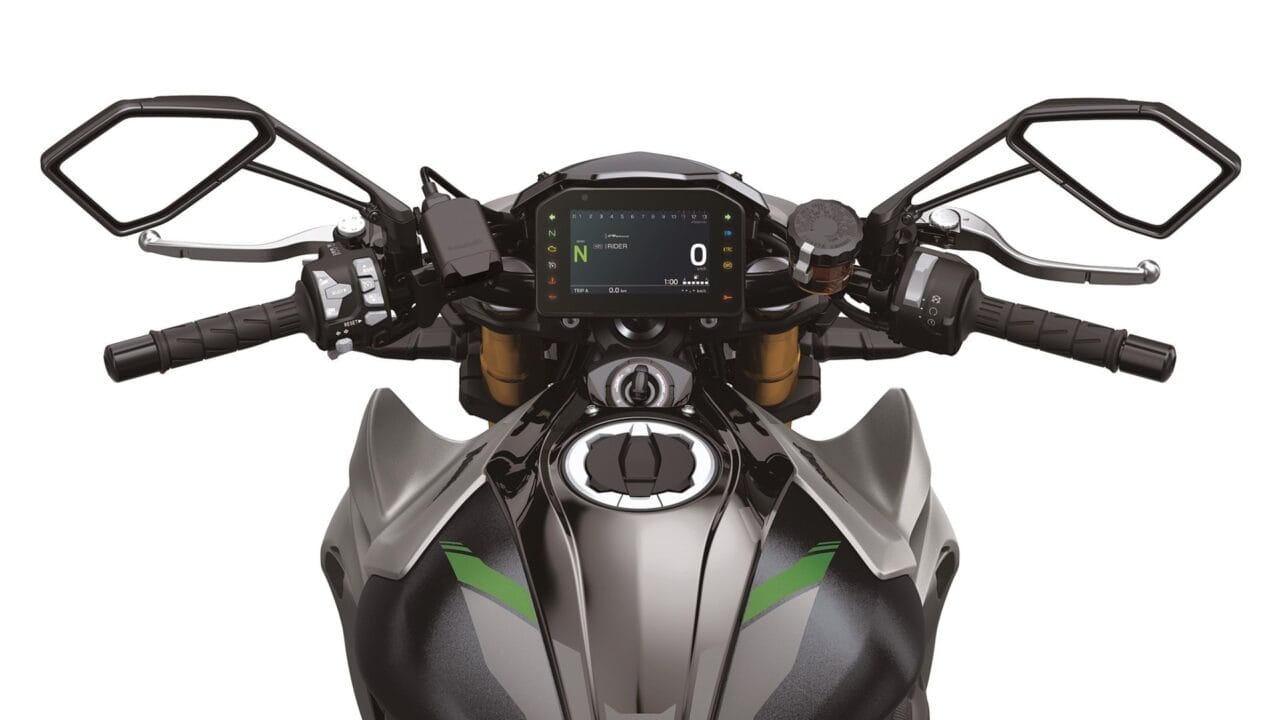 Front view of a motorcycle cockpit with digital instrument display, handlebars, and wide mirrors on either side.