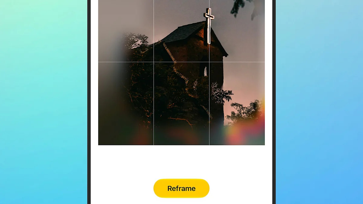 Phone screen showing a photo of a church with cross, grid crop overlay, and a yellow Reframe button below (image editing).