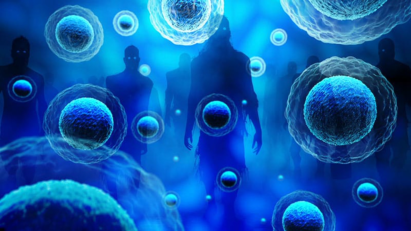 Abstract blue illustration of people silhouettes surrounded by glowing cellular spheres, symbolizing biomedical research.
