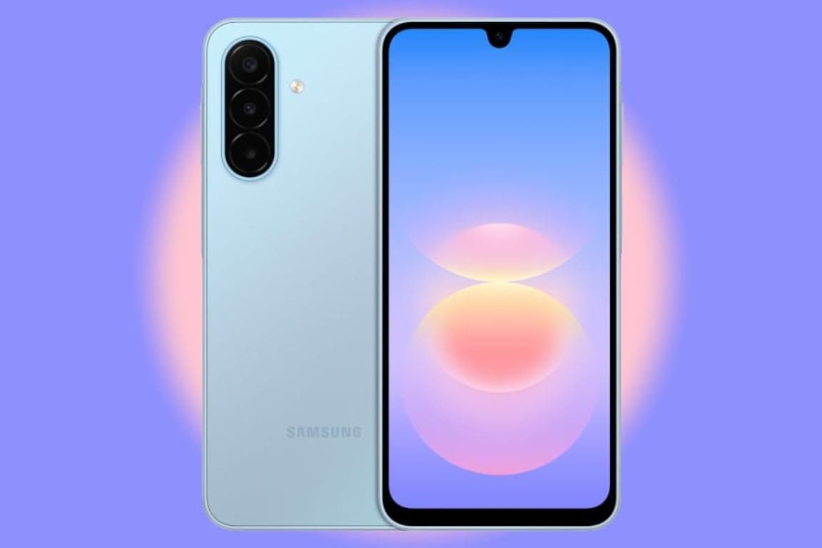 Blue Samsung Galaxy phone with triple rear cameras and a large edge-to-edge display against a purple glow.
