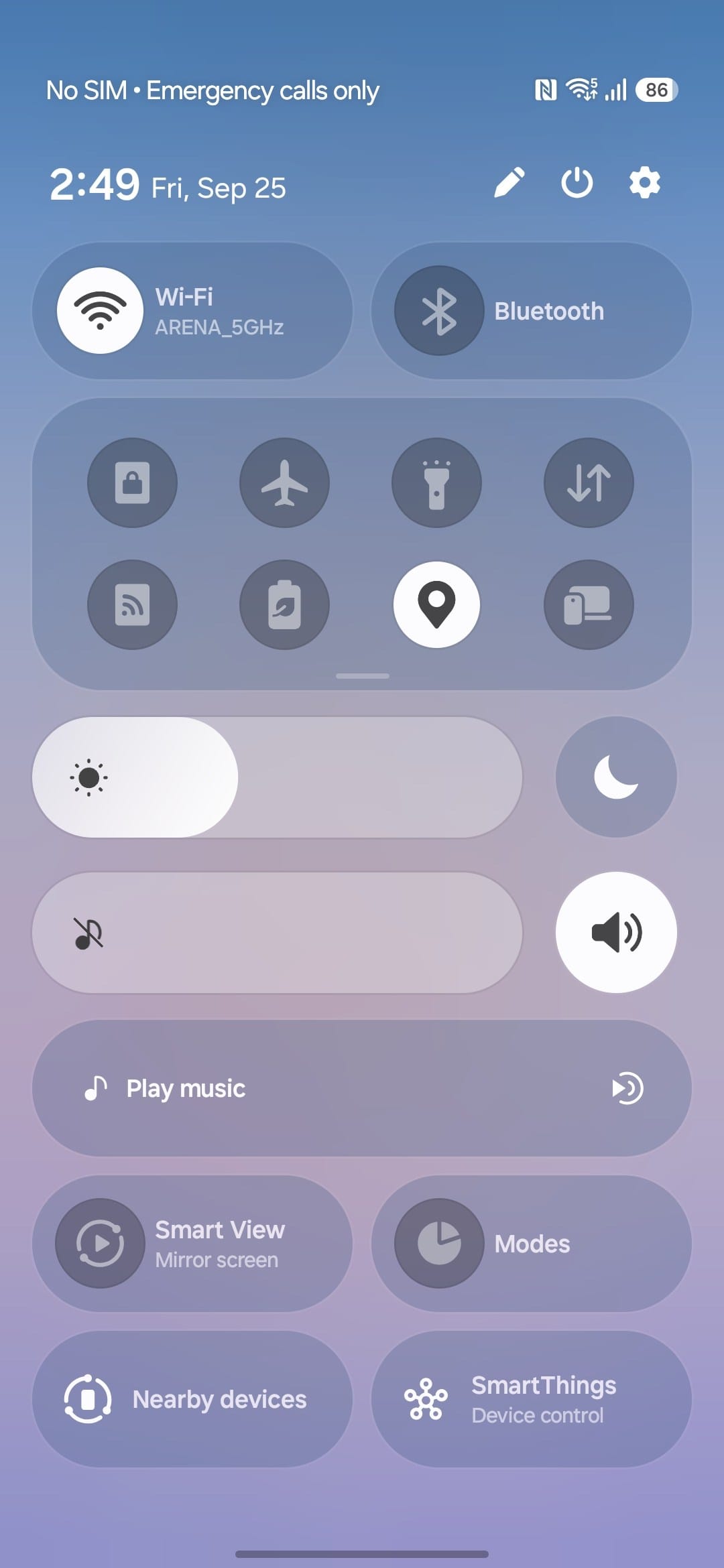 Control center with quick settings: Wi‑Fi, Bluetooth, airplane mode icons, and brightness/volume sliders visible at top and middle of screen.