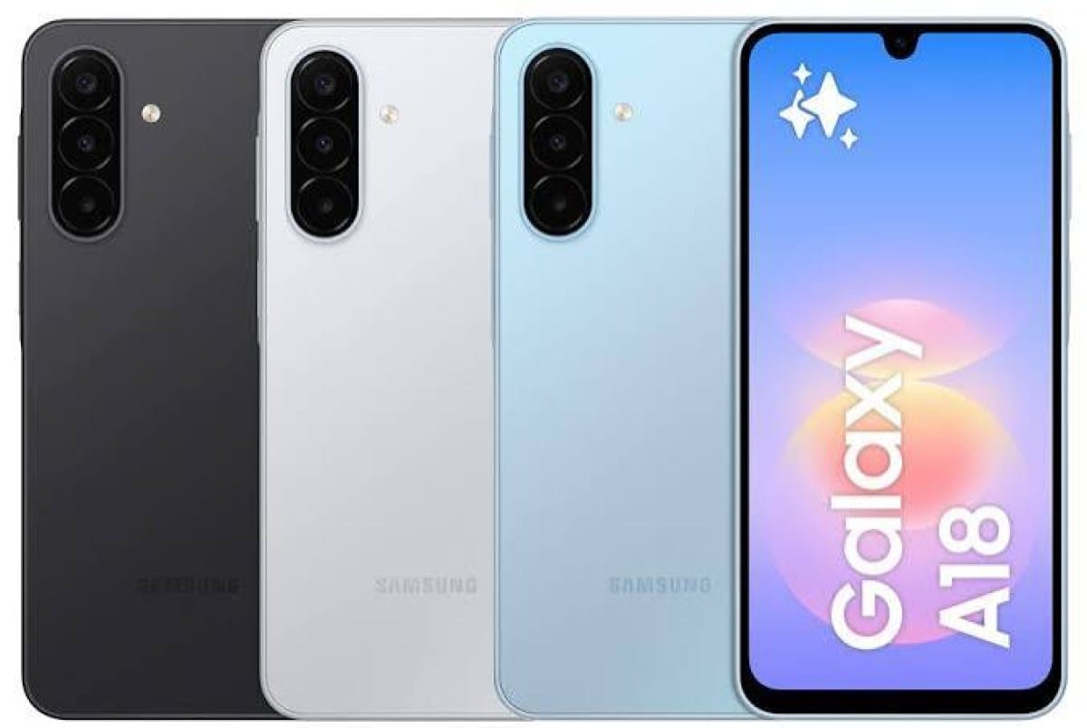 Samsung Galaxy A18 phones in four colors (black, white, blue) shown from back and front with