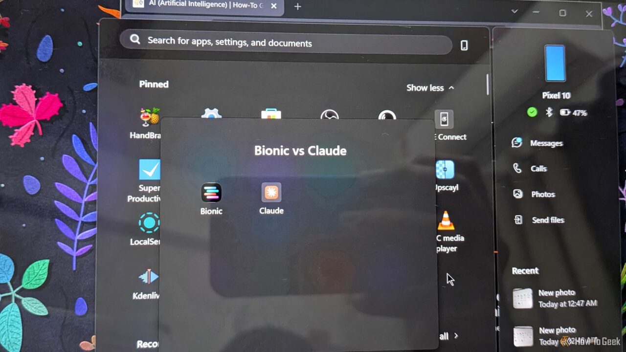Overlay dialog reading 'Bionic vs Claude' above a dark multitasking desktop with app icons in the background