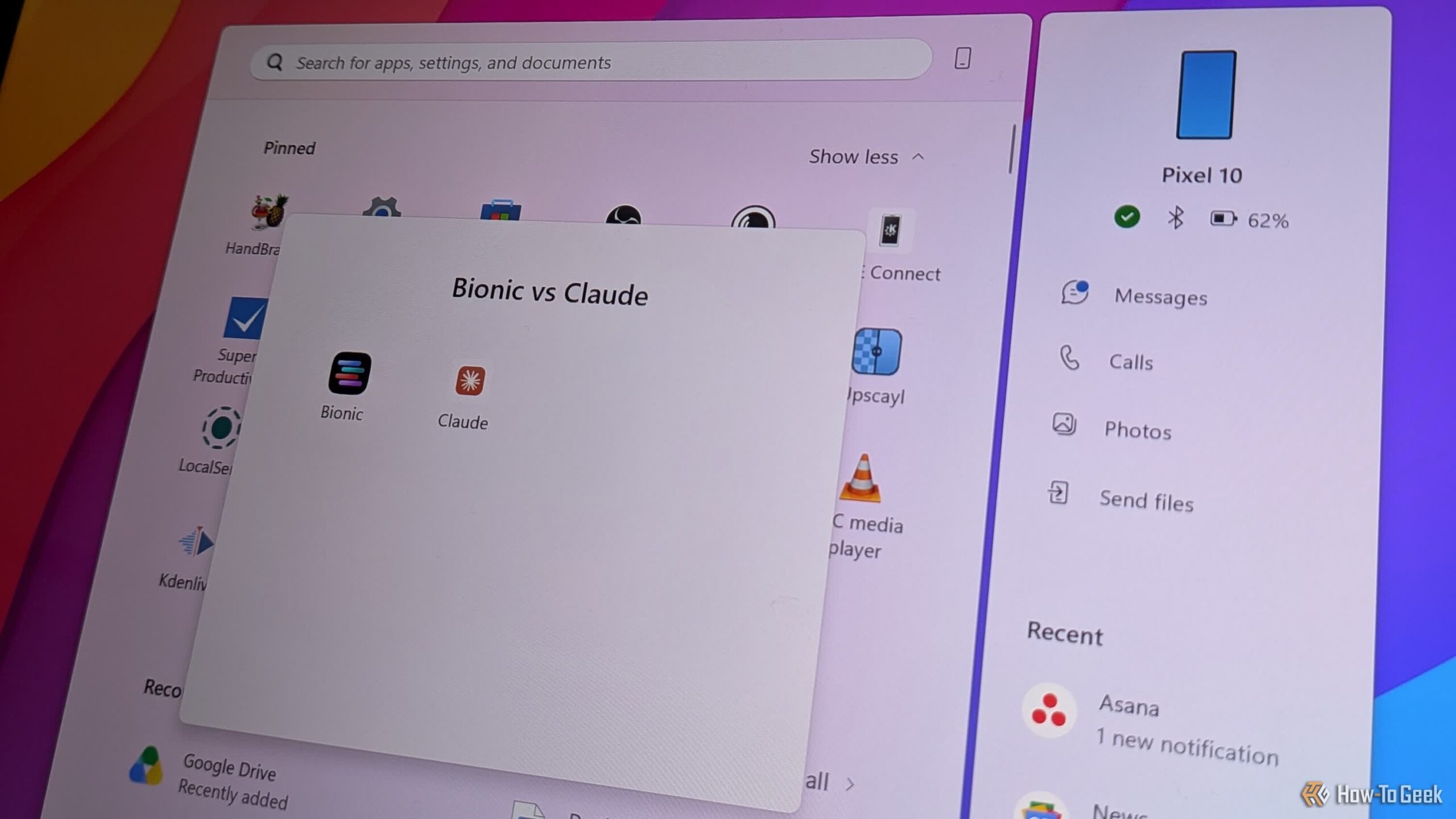 Desktop collage showing a slide titled 'Bionic vs Claude' with app icons and a right-side device/status panel.