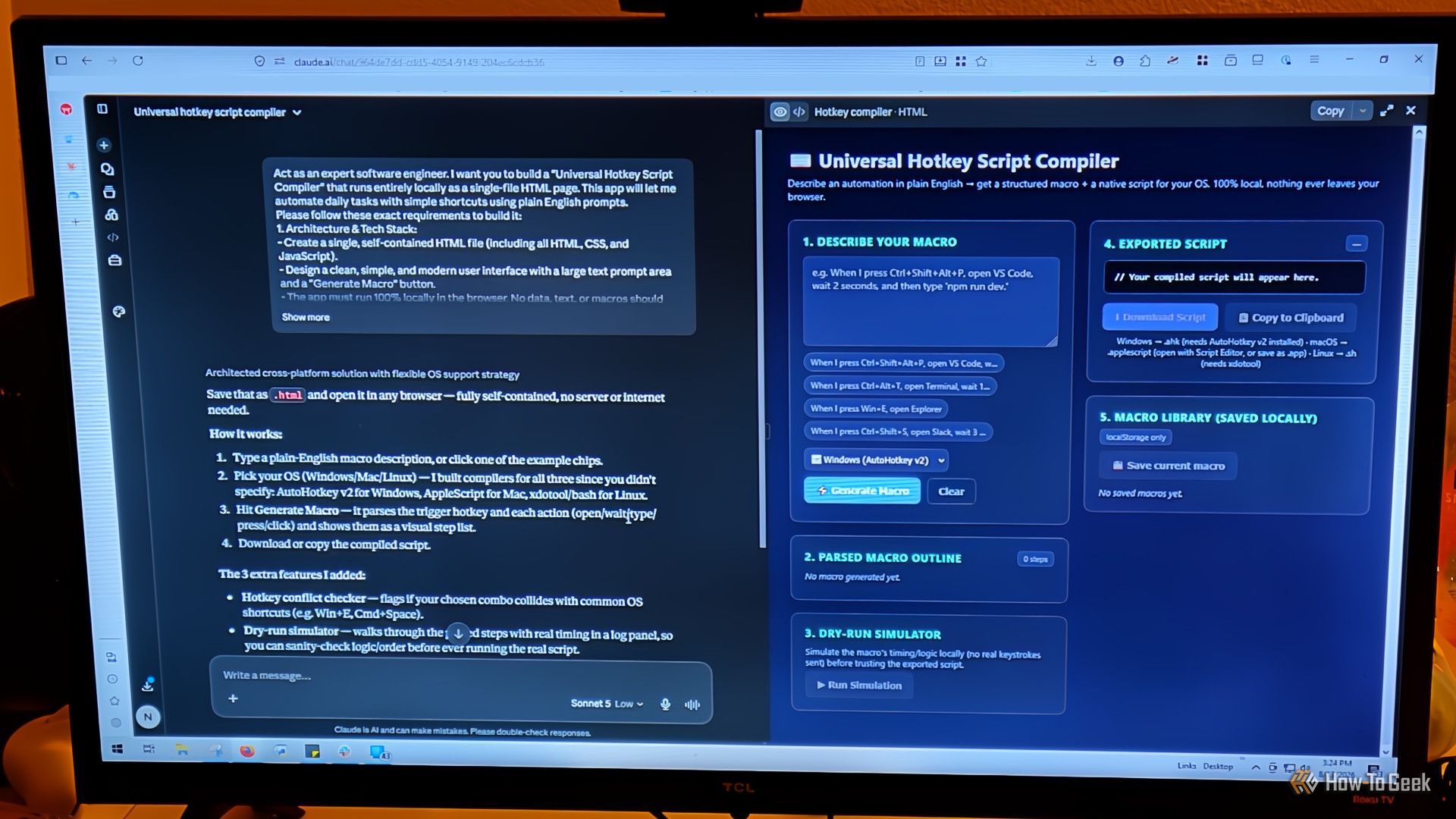 Dark UI screen showing a tutorial for Universal Hotkey Script Compiler, with a left text block and a right panel of steps and buttons.