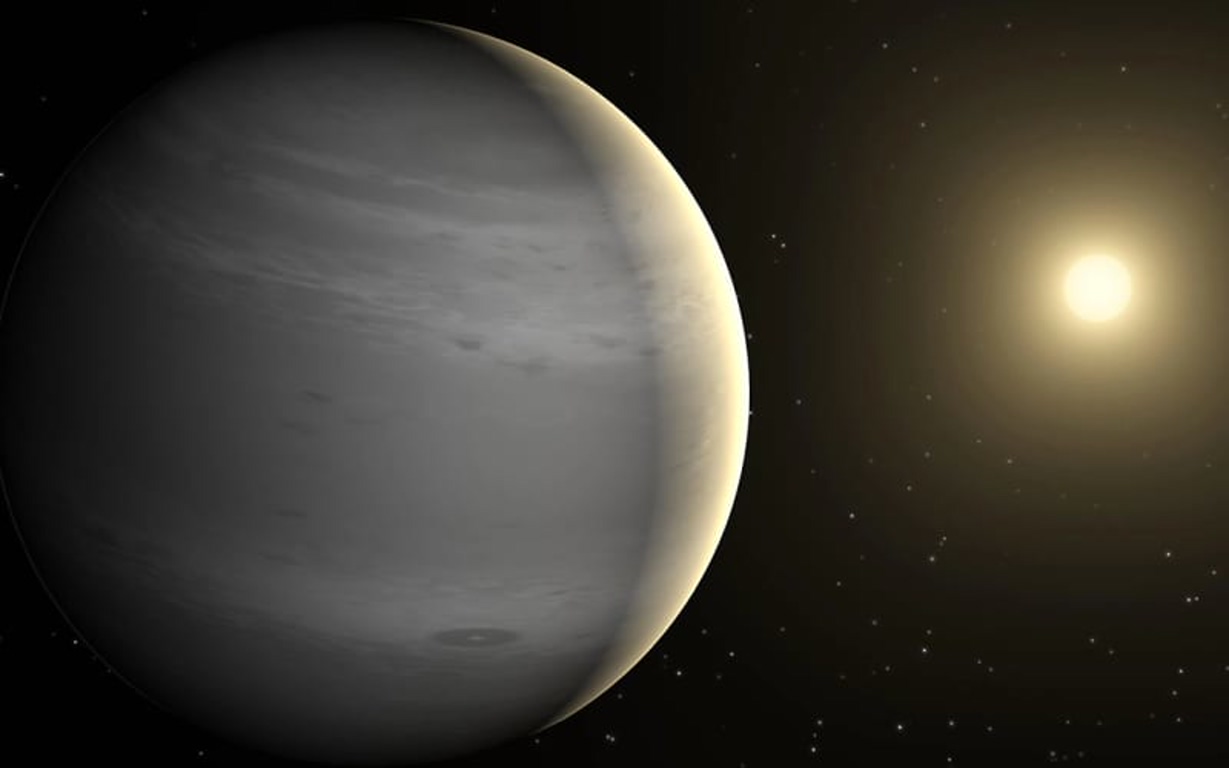 Gas giant planet with banded atmosphere, lit by a distant yellow sun to the right, in space.