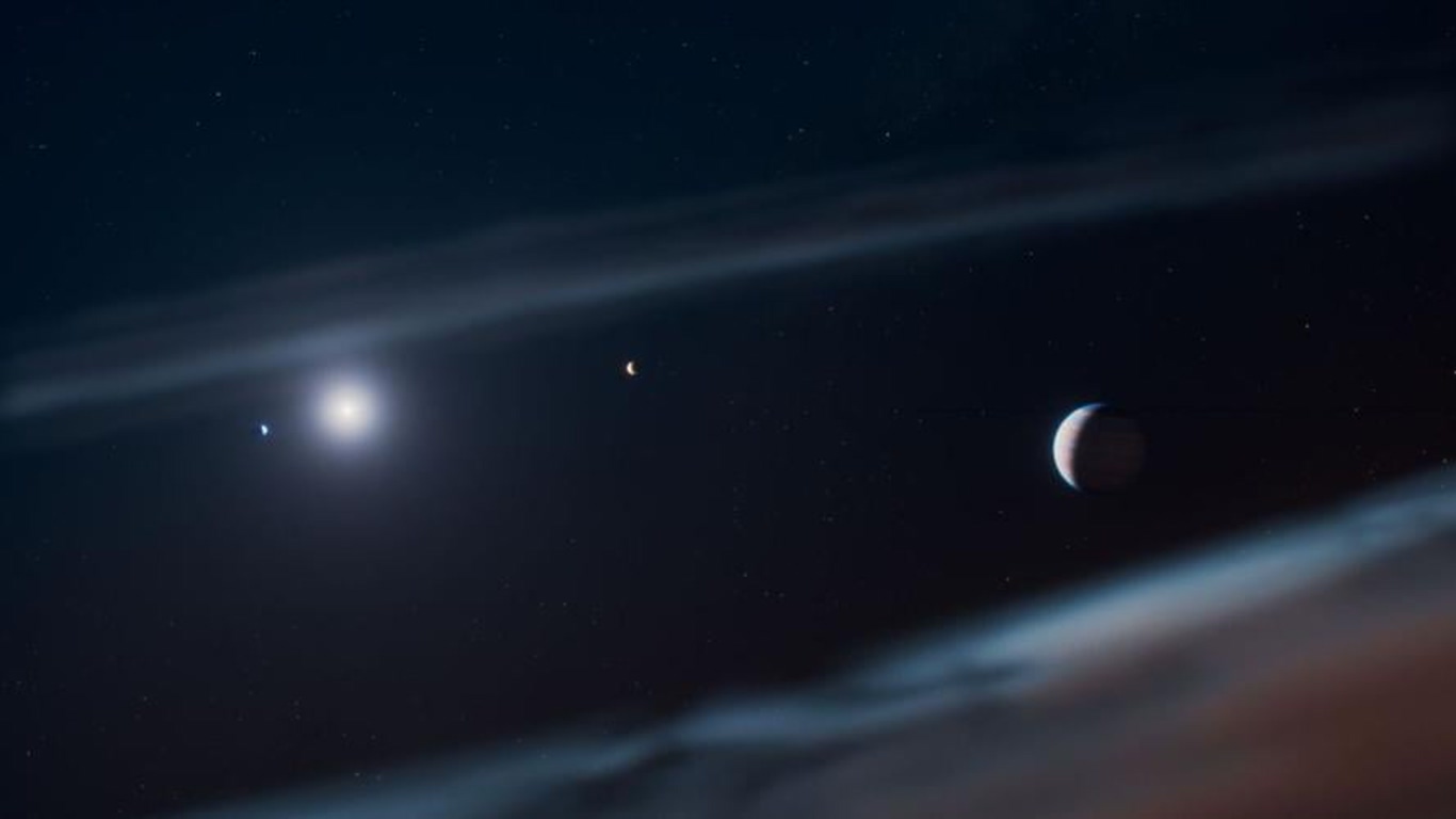 Bright planet at left, thin crescent Moon near center, and a larger illuminated planet to the right against a starry night sky with wispy bands of light.