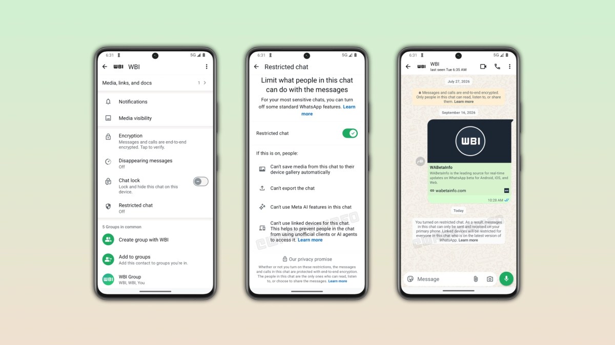 Three smartphones display WhatsApp screens: settings menu (encryption, chat lock, restricted chat), a 'Restricted chat' toggle screen, and a chat thread with a WB I contact showing a message preview.
