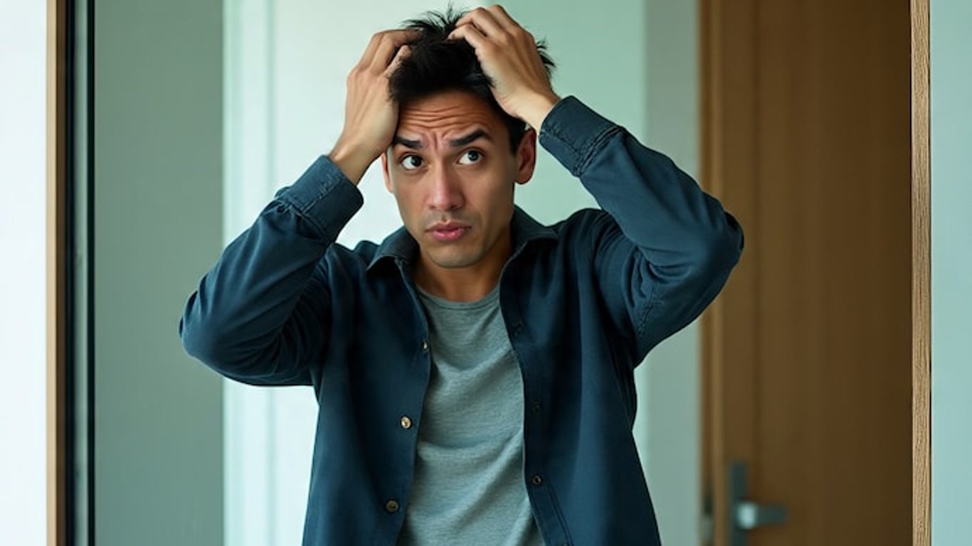 Young man in a blue shirt grips his hair in frustration while standing in a doorway area.