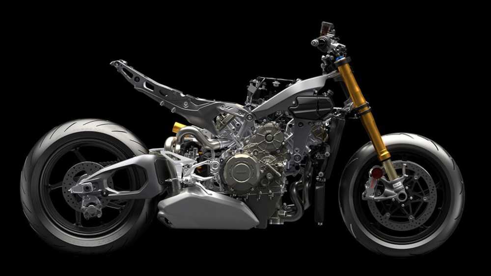 Cutaway view of a sport motorcycle exposing the engine, frame, and suspension against a black background.