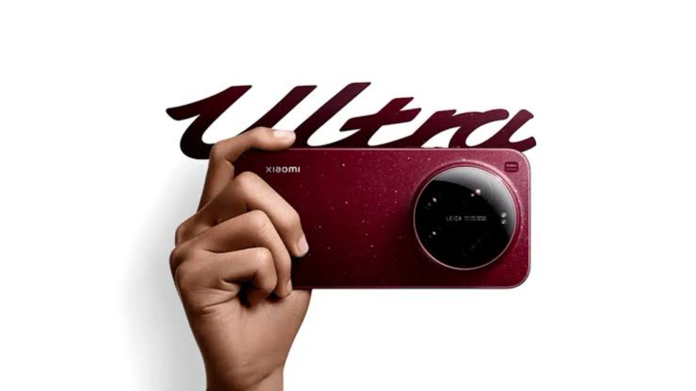 Hand gripping a red/pink Xiaomi smartphone with a large circular camera module on white background.