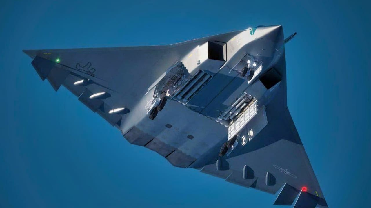 Underside view of a B-2 Spirit stealth bomber in flight, with its weapons bays open visible against a blue sky.