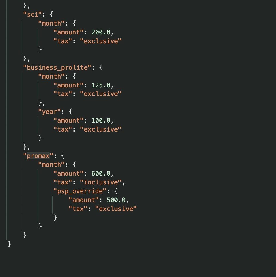 JSON snippet showing tax settings by plan and period (amounts and tax type). For sci, business_prolite, and promax with monthly and yearly fields.