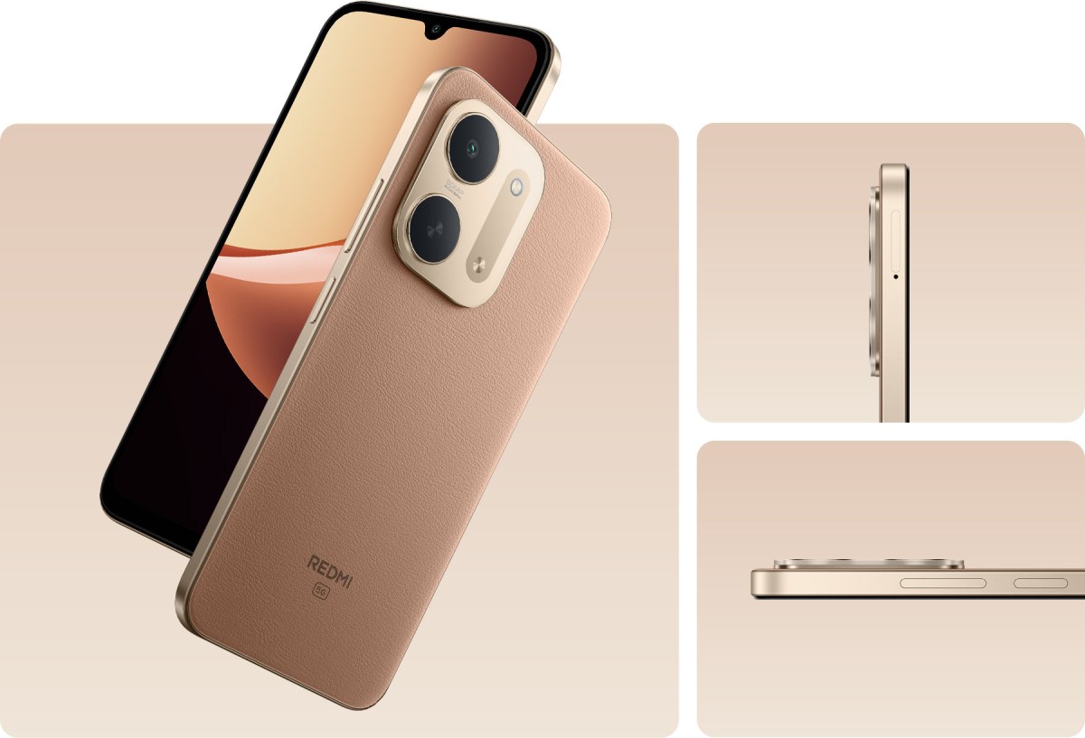 Rose-gold Redmi phone with leather back and dual-camera module, shown from the back against a beige gradient collage background.