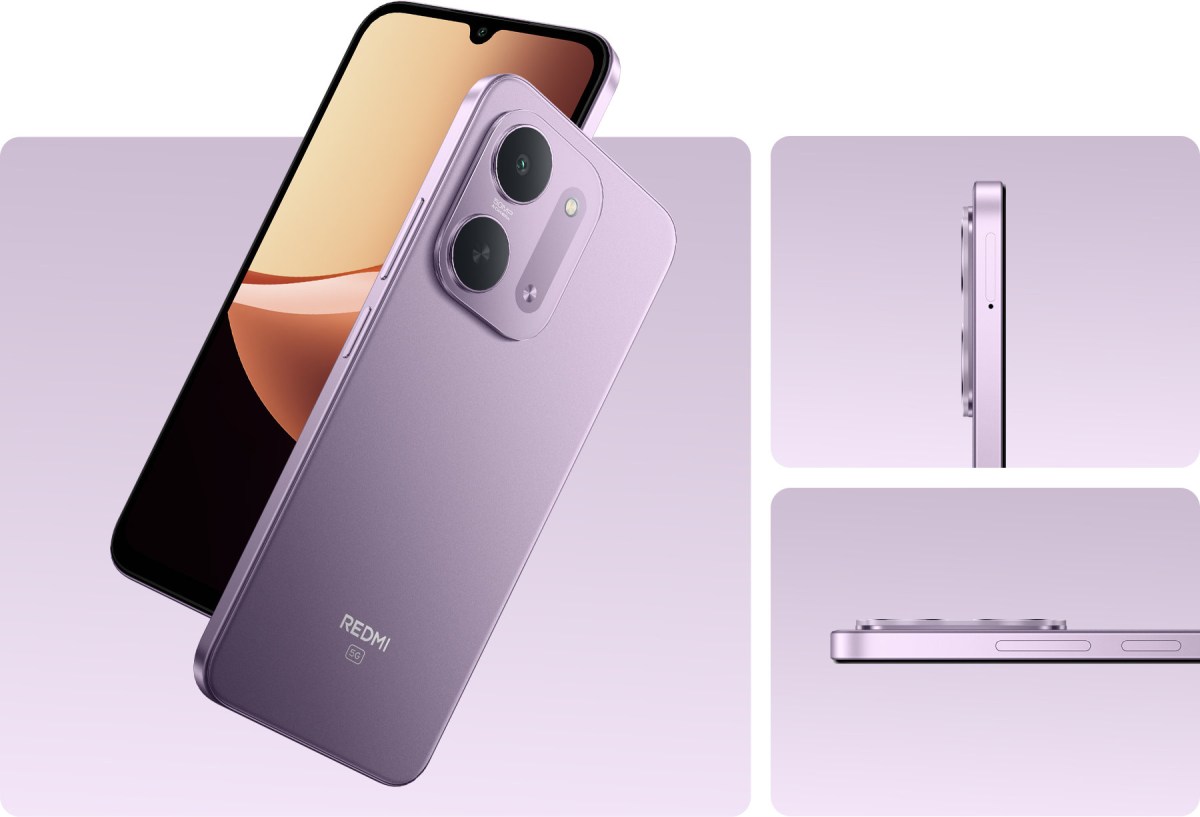 Purple Redmi smartphone shown from multiple angles on a lavender collage background, highlighting the quad-camera module on the back.