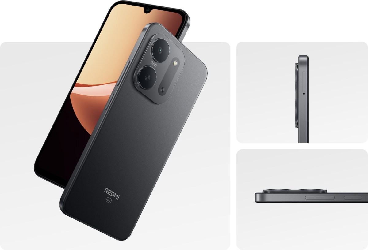Dark gray Redmi smartphone with a prominent triple-camera module, shown from back and side angles in a collage.