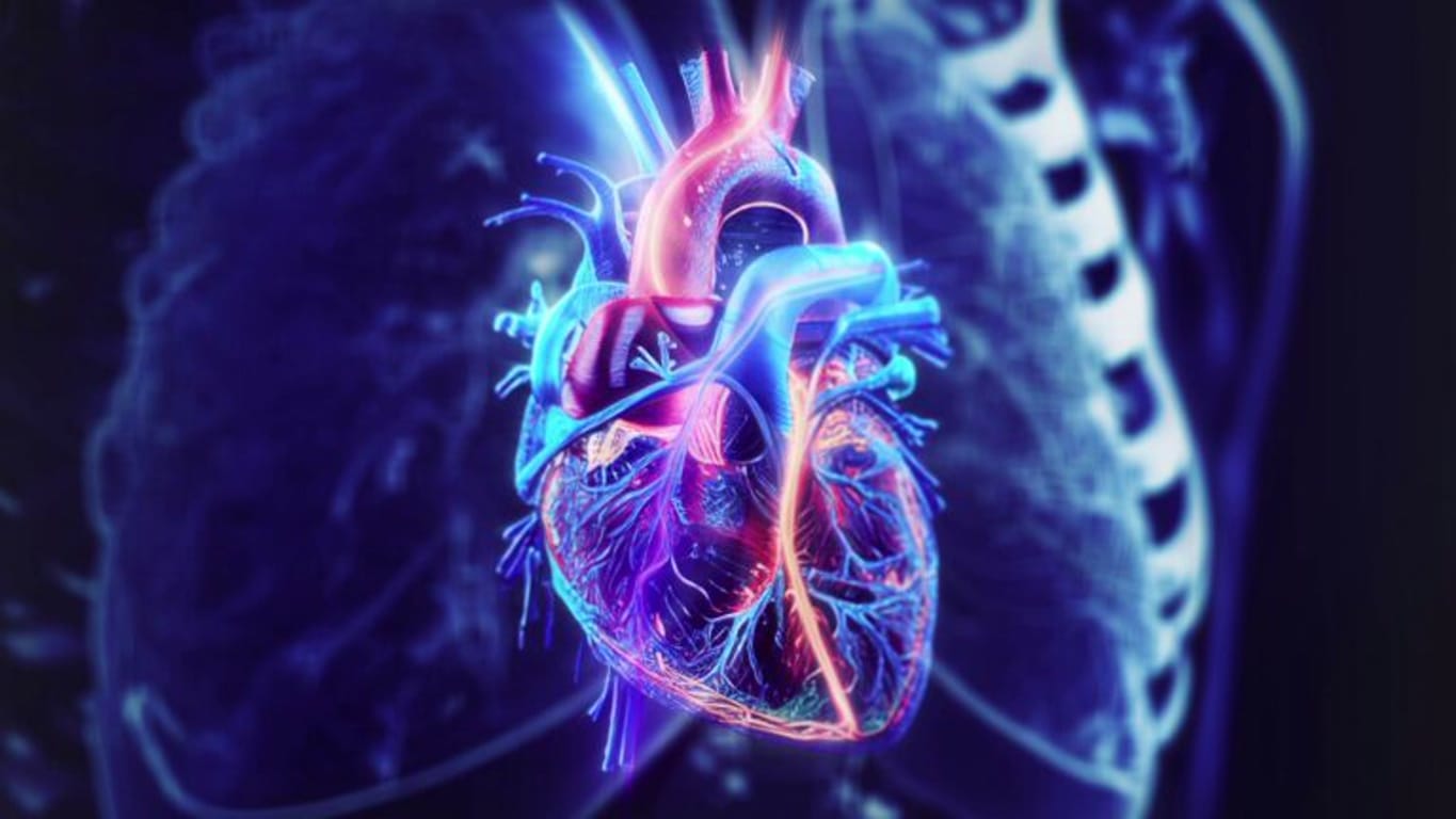 Colorful neon illustration of a human heart with glowing arteries against a dark background (anatomical, vibrant colors)