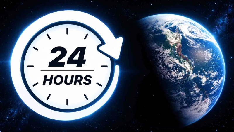 24-hour clock with an arrow beside Earth, symbolizing global 24/7 service in space imagery.