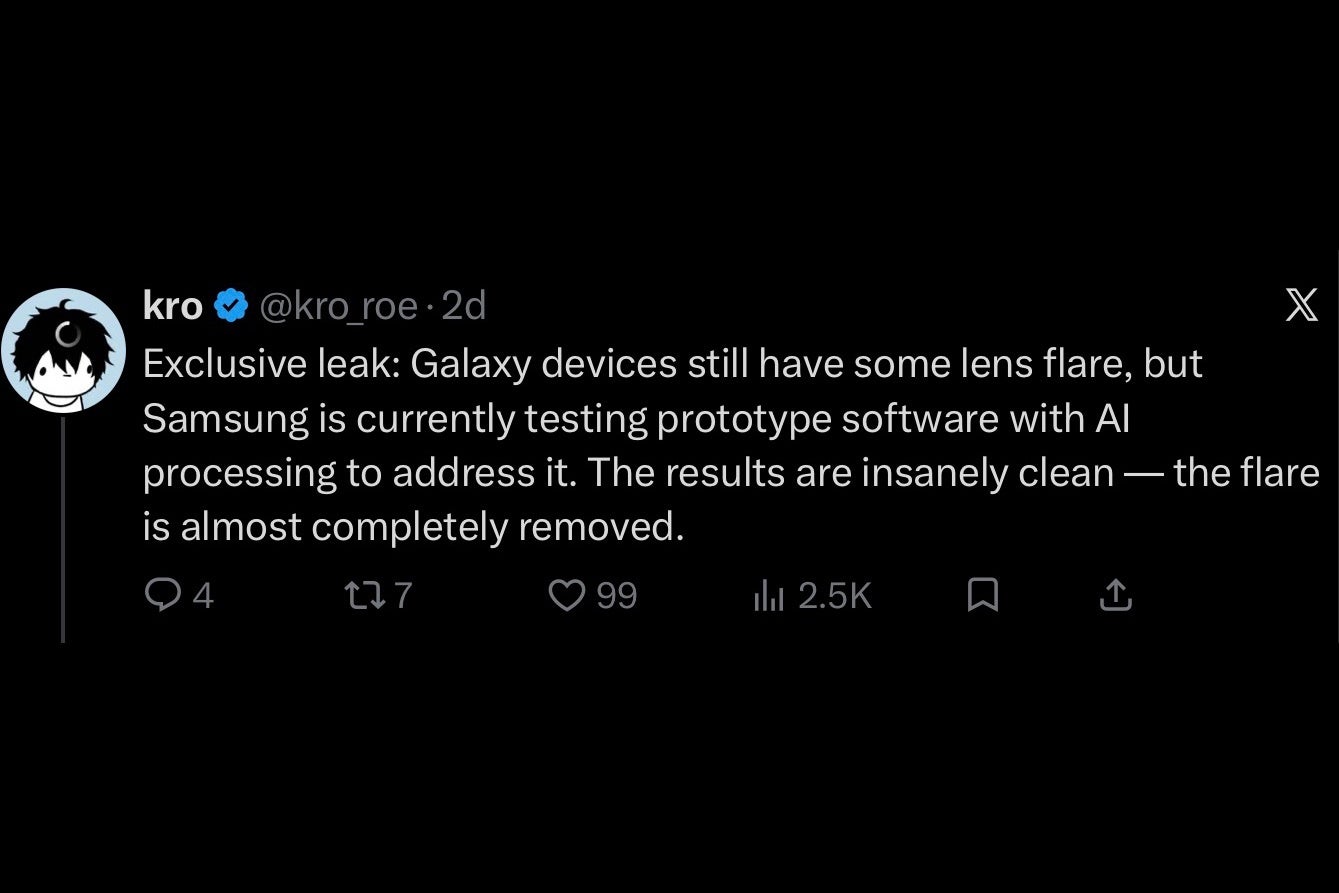 Tweet by @kro_roe stating Galaxy devices still have lens flare but Samsung is testing prototype AI software to remove it; results are clean.