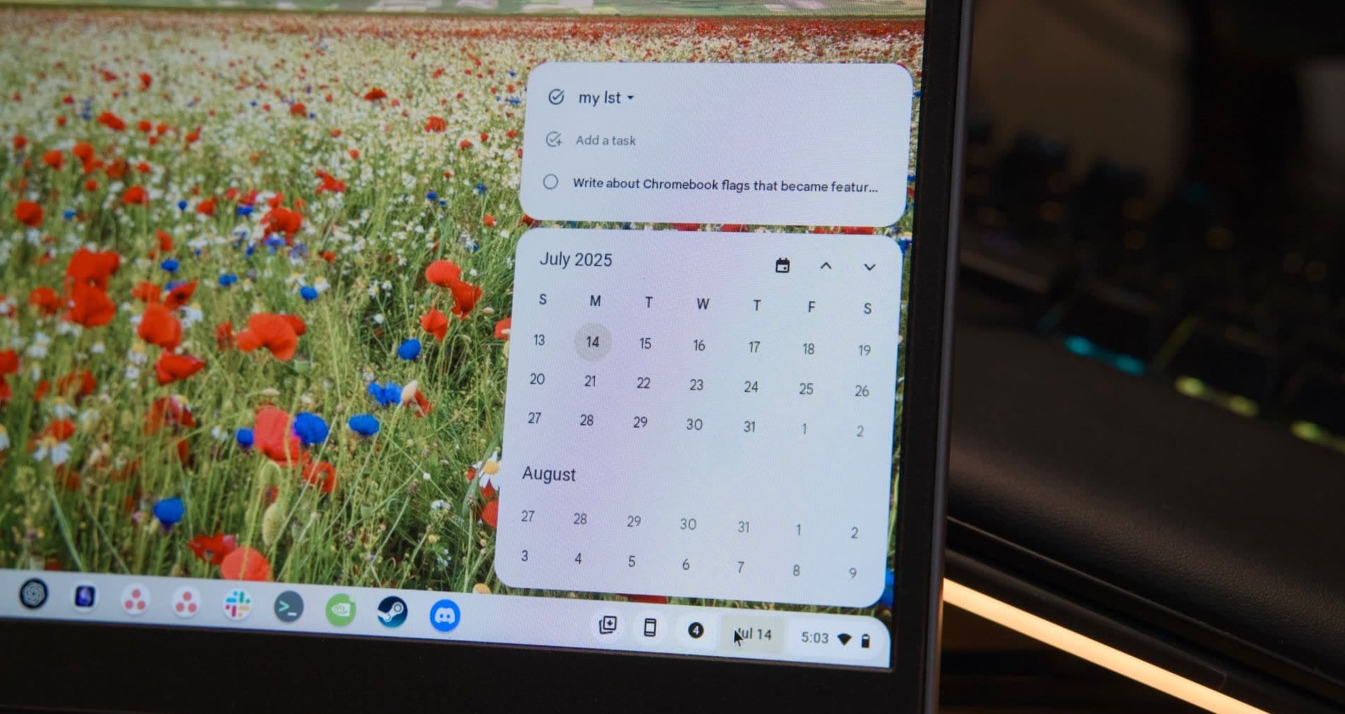 Desktop screen showing a July 2025 calendar over a field of red poppies and blue flowers.