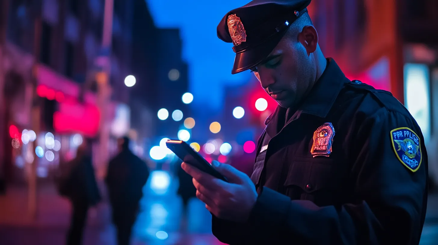 Police officer in uniform at night, looking down at a smartphone on a neon-lit city street.