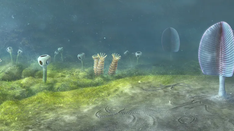 Underwater alien landscape with tall, mushroom-like stalks and yellow coral-like sprouting structures on a mossy seabed.
