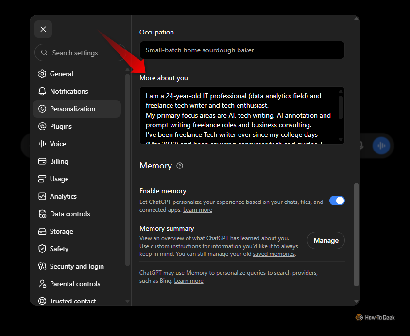 Dark settings panel showing Personalization: occupation set to 'Small-batch home sourdough baker', a 'More about you' text area, and Memory controls with toggle and Manage button.
