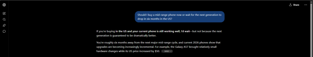 Question bubble asking whether to buy a mid-range phone now or wait for next generation in six months (US).