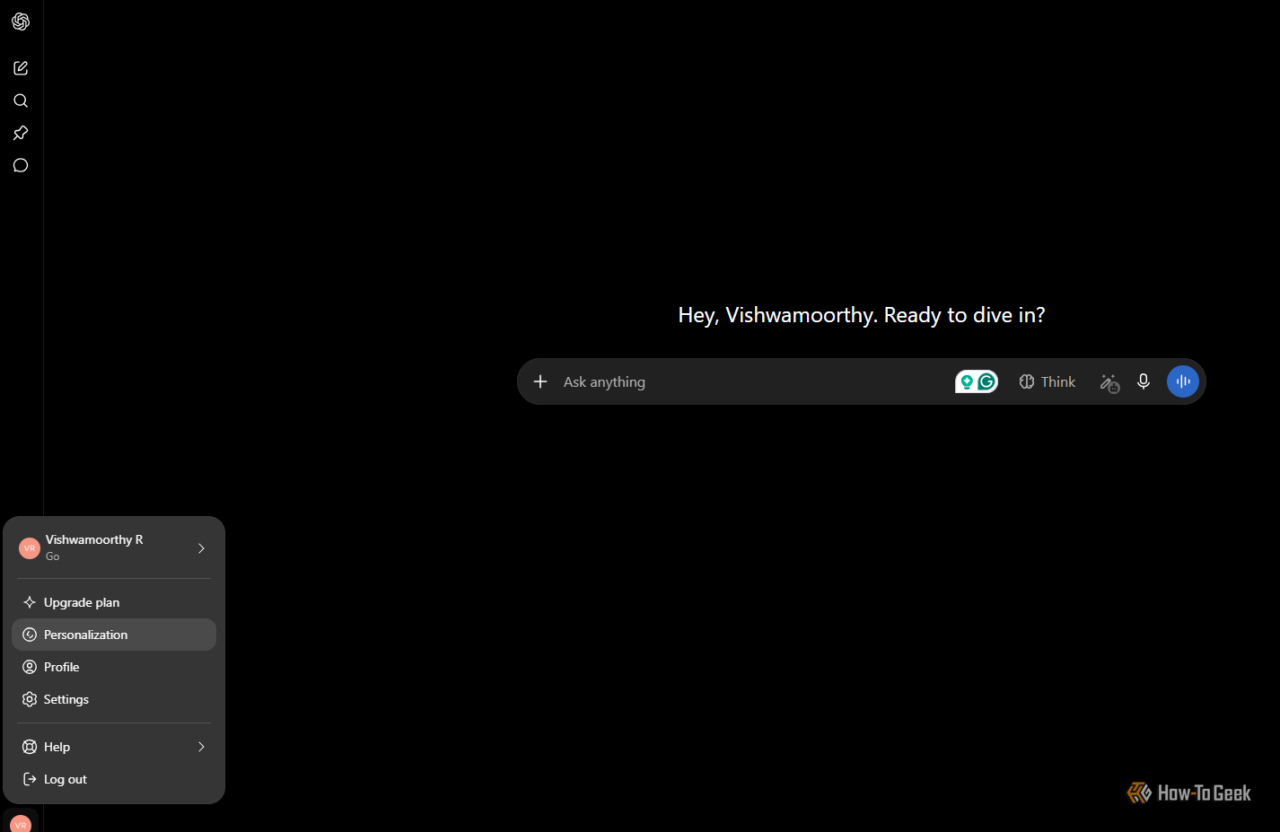 Dark chat UI with left toolbar, bottom-left user menu, and a centered prompt 'Hey, Vishwamorthy. Ready to dive in?' above a rounded 'Ask anything' input bar.