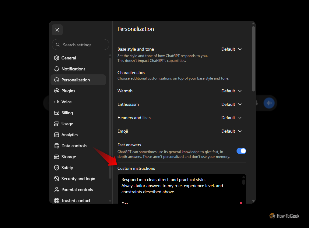 ChatGPT settings window open to Personalization with options like Warmth, Enthusiasm, and Fast answers toggle in a dark theme panel.