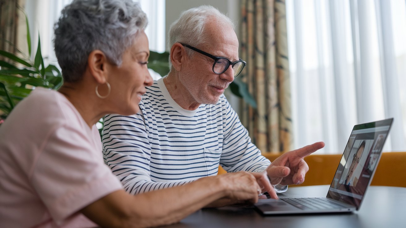 Two older adults sit at a table, looking at a laptop screen during a video call, with one pointing at the display.