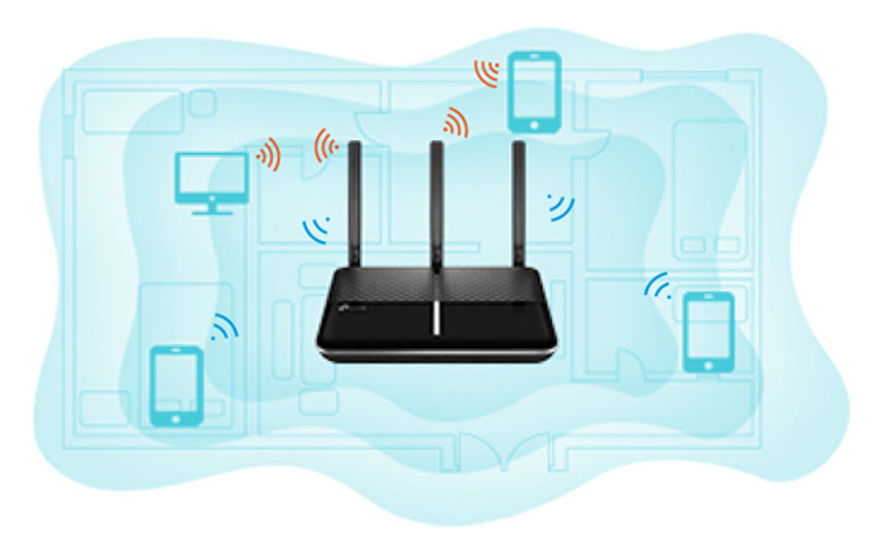 Wireless router with three antennas transmitting Wi‑Fi signals to multiple mobile devices over a blueprint background.