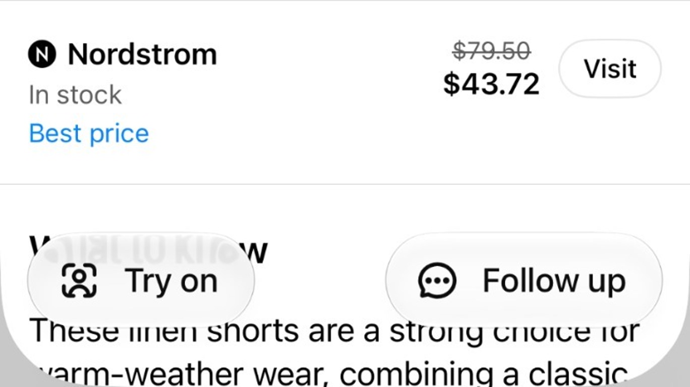 Nordstrom product card showing price .72, 'Visit' button, and overlay pills 'Try on' and 'Follow up' above text about men's shorts.