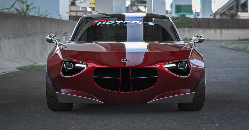 Front view of a red sports car with a white racing stripe down the center, headlights on, on an urban street.