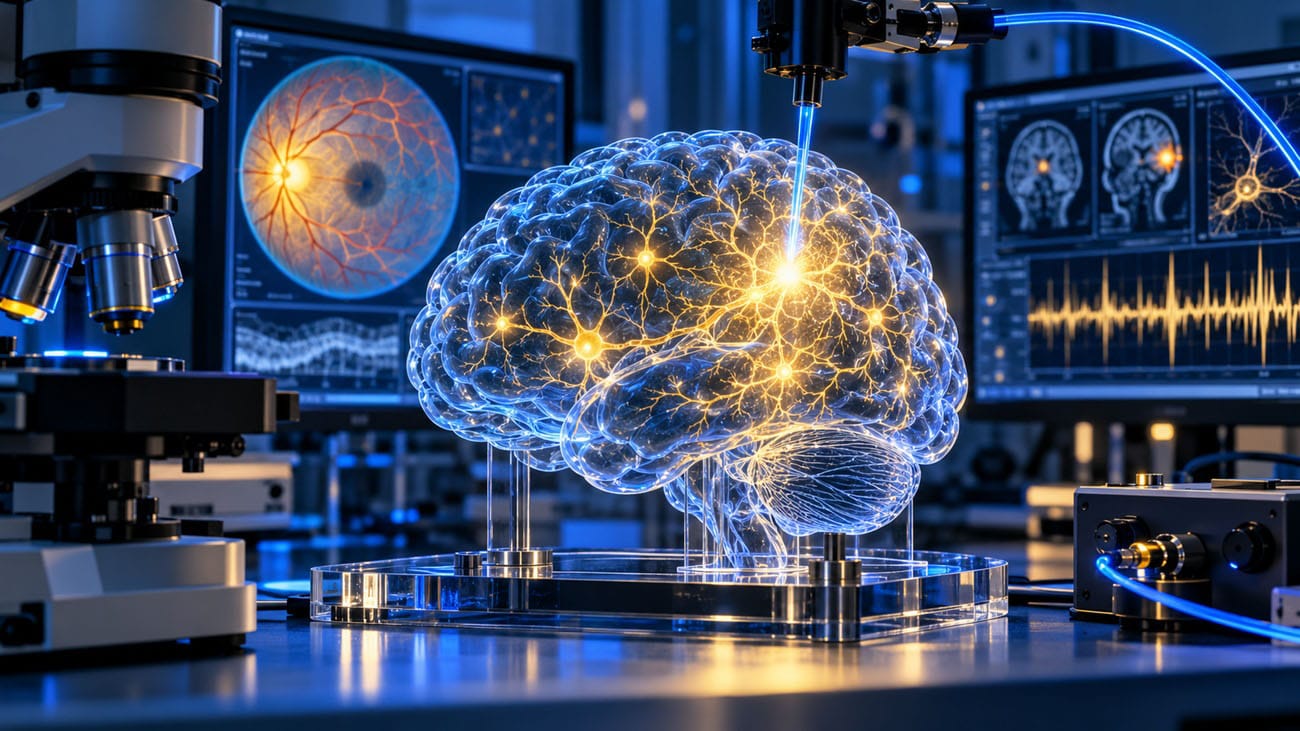 3D glowing brain model with neural connections in a high-tech neuroscience lab, surrounded by monitors and imaging gear