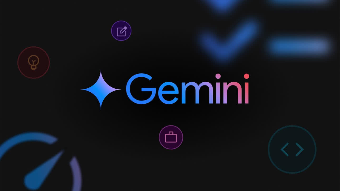 Gemini logo with a blue-pink gradient wordmark and star on a dark background, surrounded by circular glowing icons (lightbulb, pencil, suitcase, code)