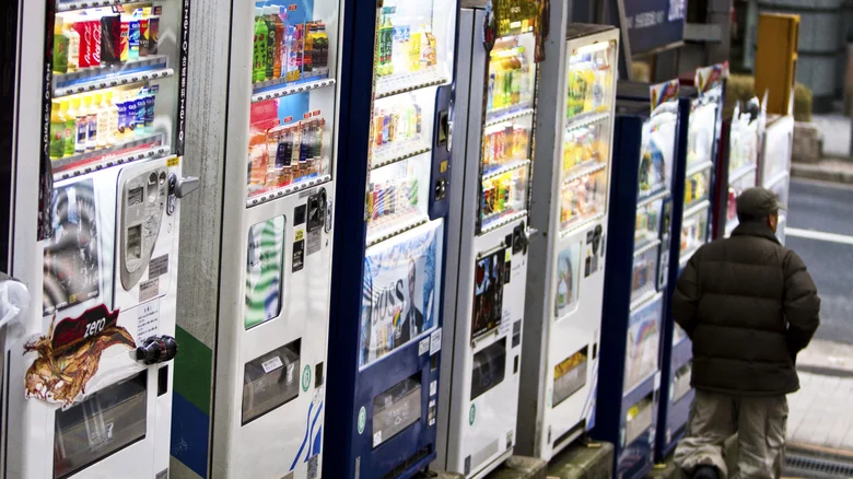 Row of vending machines along a sidewalk with colorful beverage and snack displays; a man in a brown jacket stands nearby and looks on.