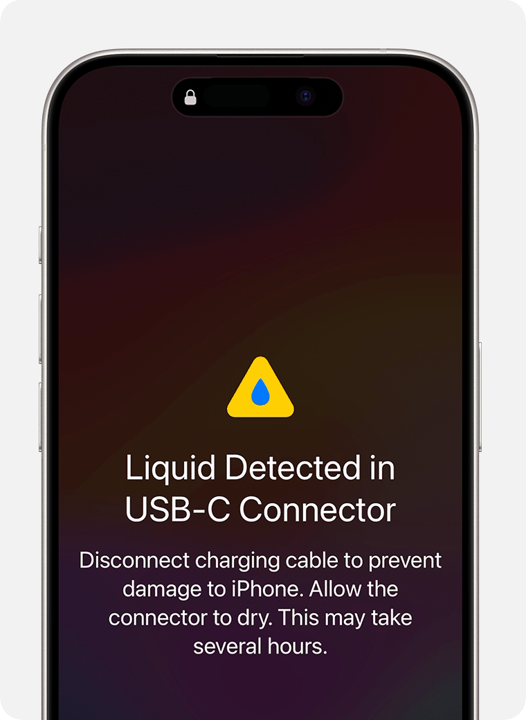 Warning screen on iPhone: liquid detected in USB-C connector; disconnect the charger and let it dry, which may take several hours (icon: yellow triangle with blue droplet).
