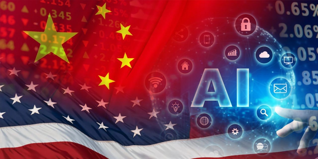 Global AI concept: large AI text with network icons over a backdrop of the U.S. flag and Chinese flag.