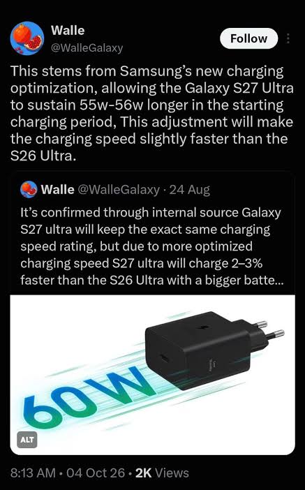 Black wall charger with a blue 60W graphic, illustrating faster charging for Galaxy S27 Ultra.
