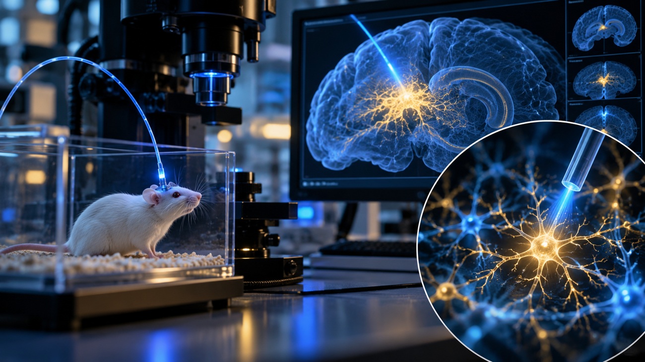 Lab mouse in a clear enclosure connected to a blue laser fiber for neuroscience research, with brain images on a monitor nearby.