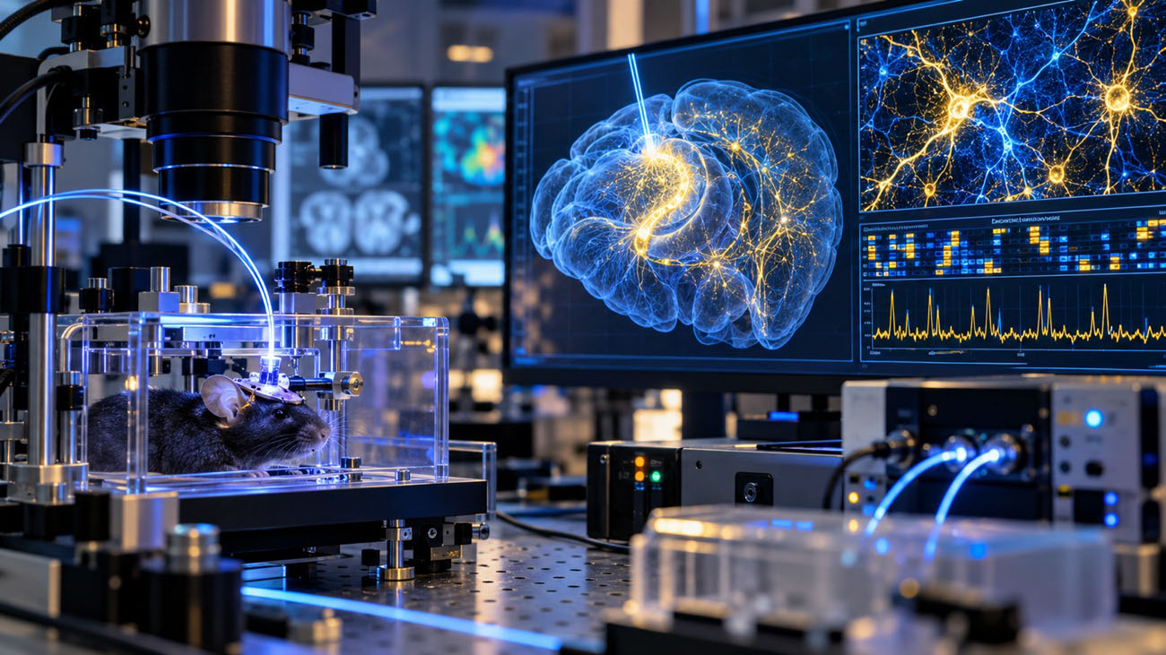 Lab mouse in a transparent chamber connected to neural stimulation equipment; brain activity shown on monitors in the background.