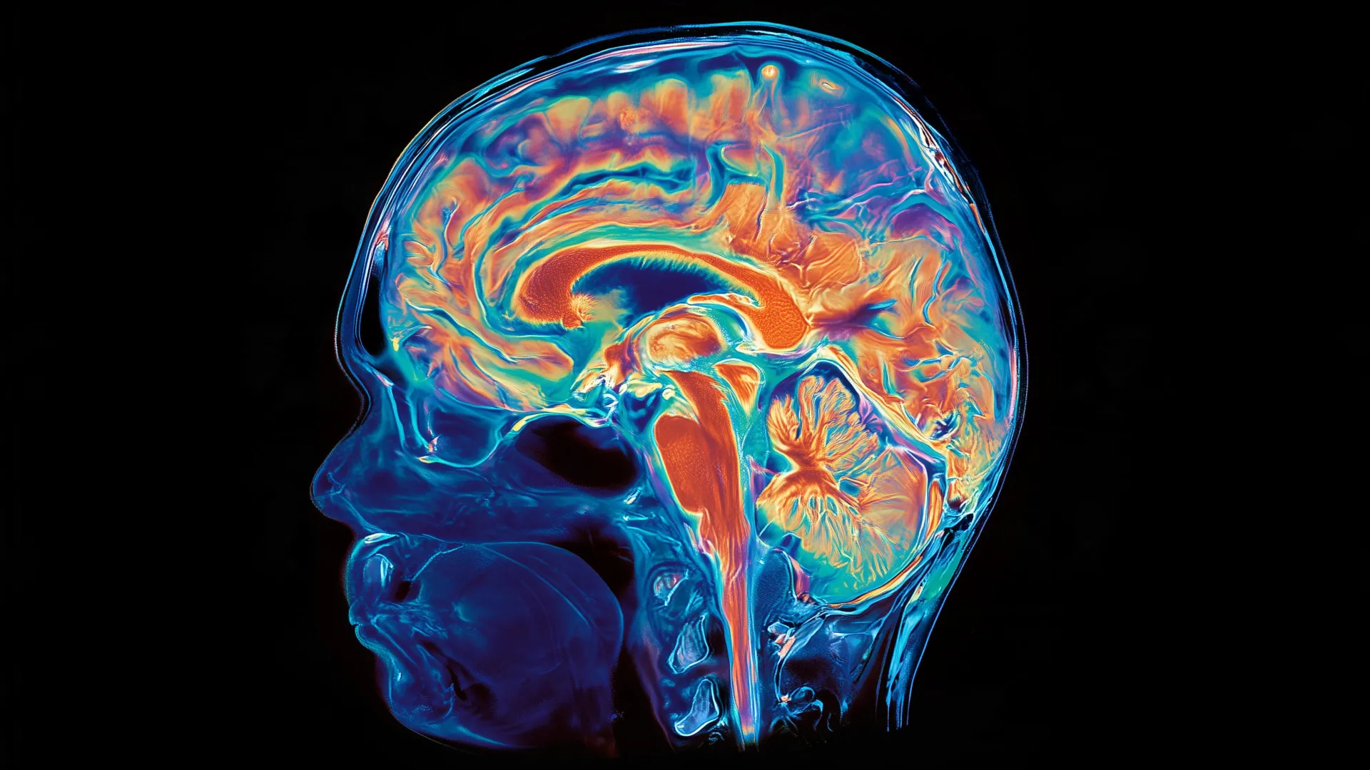 Color-enhanced MRI scan of a human head in profile, showing the brain in rainbow colors against a black background.
